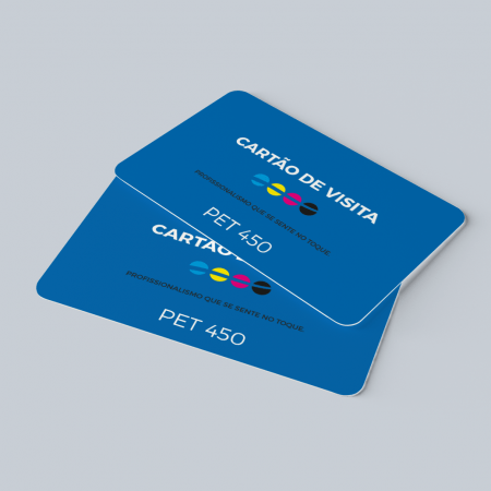 cartão PET 450g com cantos arredondados, resistente e premium